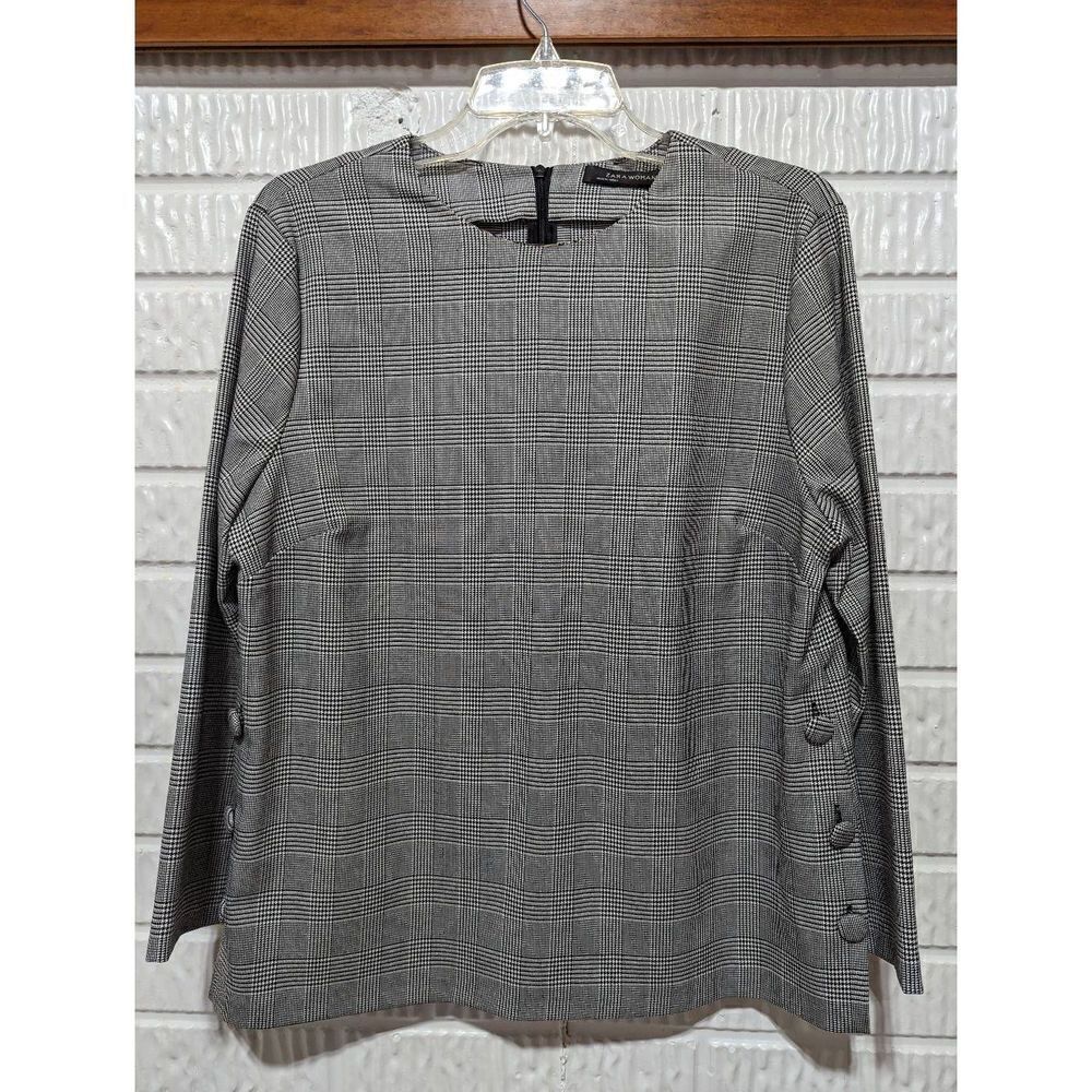 Zara Women's Black & White Plaid Long-Sleeve Blouse Size M